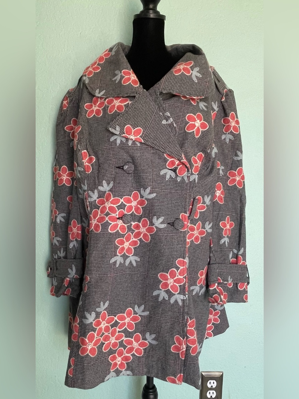 eshakti Houndstooth Double-Breasted Pea Coat with Coral Floral Print